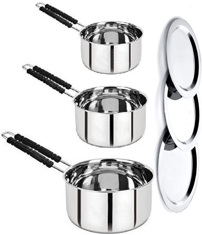 NARV Steel Saucepan Set with Lid for Tea, Coffee, Dal Cookware Set Milk Pan Tapeli K0 4.3 inch, 5.9 inch, 6.6 inch Lid Set, Pack of 6(Stainless Steel)