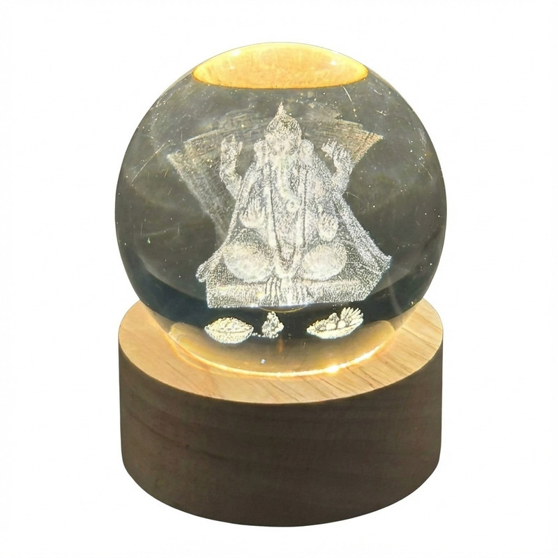 Devam Collection 3D Crystal Ganesha LED Night Lamp with Wooden Base USB Powered (1 Pc) LED Lantern(Clear Crystal, Wood, Warm & Soothing LED Light)
