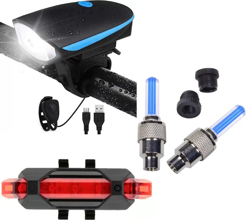 Rebound Rechargeable Cycle Horn with Light with Rechargeable tail light and Tyre Light LED Front Rear Light Combo(Multicolor)