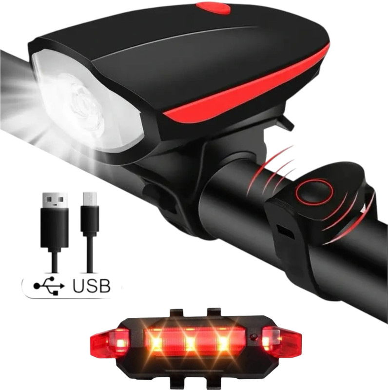 HighRider USB Rechargeable & Waterproof Bicycle Light & Horn with Tail Light Combo LED Front Rear Light Combo(Black, Red)