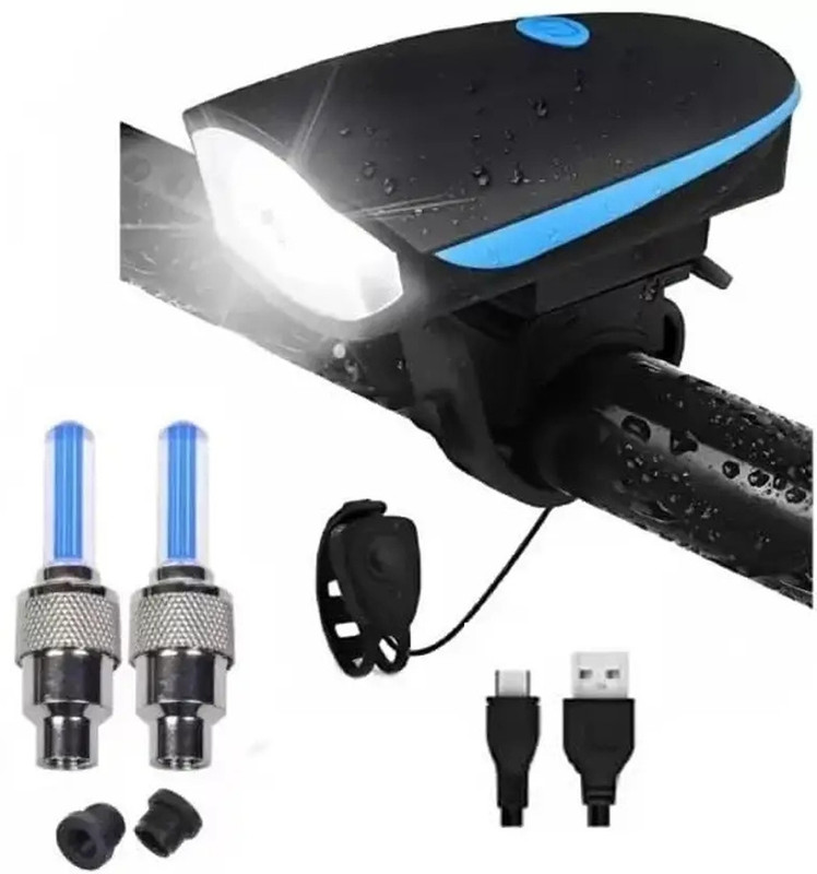 somefly Cycle Light Front with Horn, Rear Tail Light, Tyre Valve Light (Pack of 4) USB LED Front Rear Light Combo(BLUE BLACK)