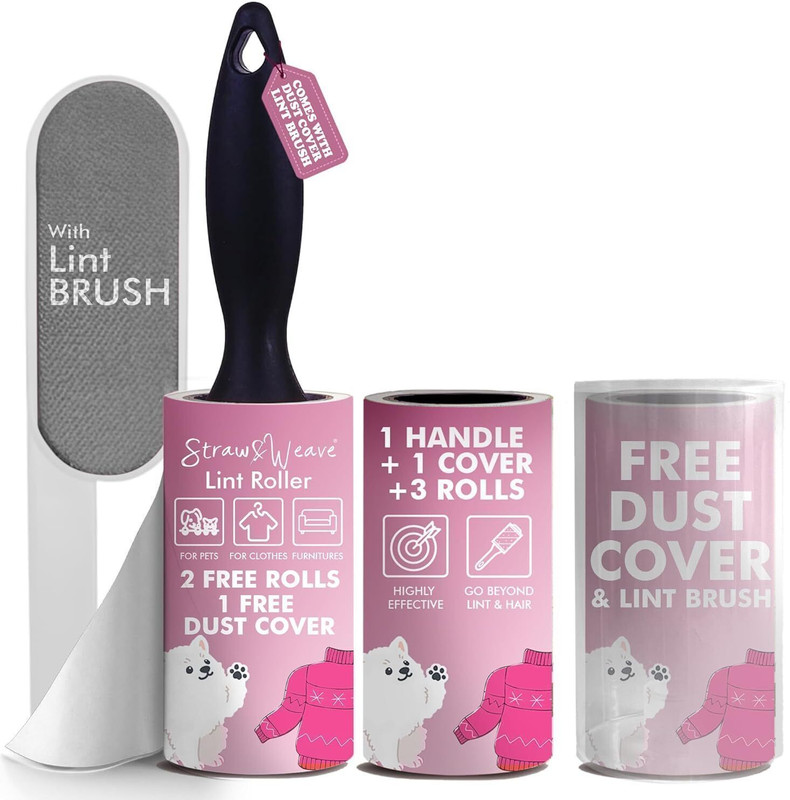 Straw&Weave Lint Roller for Clothes with Brush | Pet Hair Roller | 1 Steel Brush, Dust Cover Lint Roller