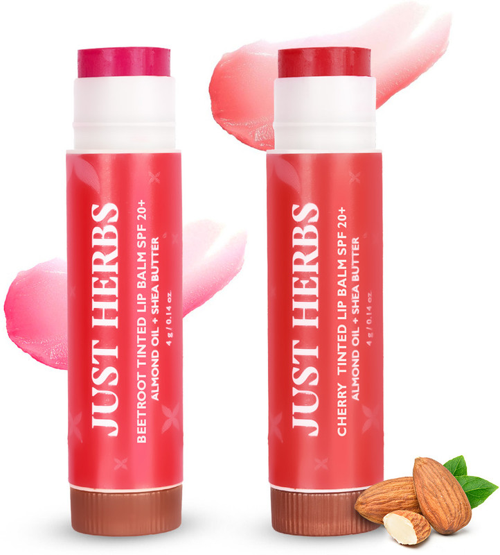 Just Herbs Tinted Lip Balms SPF 20+ Pack of 2 | Soft, Pink Lips | Beetroot & Cherry beetroot, Strawberry(Pack of: 2, 59 g)