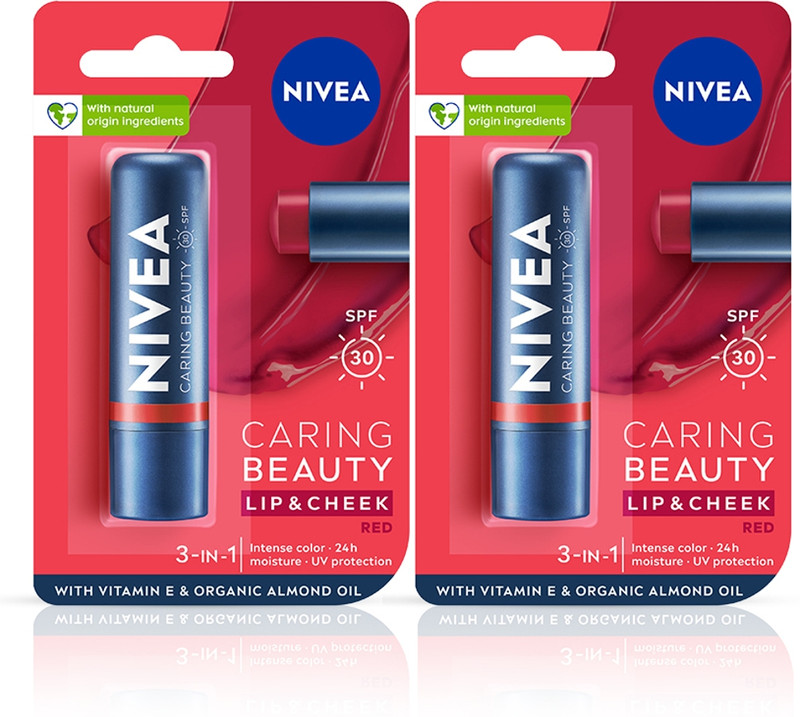NIVEA Lip Caring Beauty Red Lip Balm, Lip & Cheek Tint with SPF 30 (Pack of 2, 9.6 g) Red(Pack of: 2, 9.6 g)