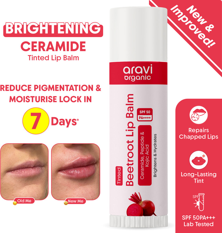 Aravi Organic Tinted Beetroot Lip Balm SPF 50 PA++++ for Pigmented Lips|Kojic Acid & Ceramide Beetroot Tinted(Pack of: 1, 5 g)