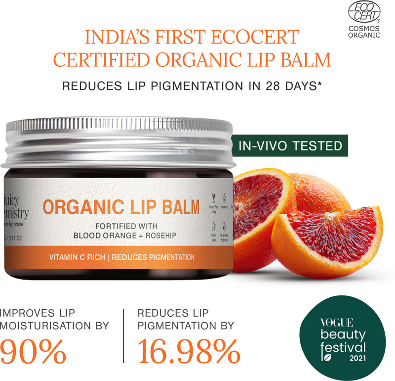 Juicy Chemistry Organic Lip Balm | Deeply Moisturising & Brightening Lip Care | 100% Natural Blood Orange + Rosehip(Pack of: 1, 5 g)