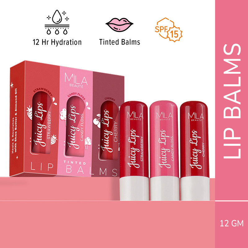 MILA BEAUTÉ Tinted Juicy Lip Balms Combo with 12Hrs Moisturisation & SPF 15 (Strawberry, Cherry, Candy floss)(Pack of: 3, 12 g)