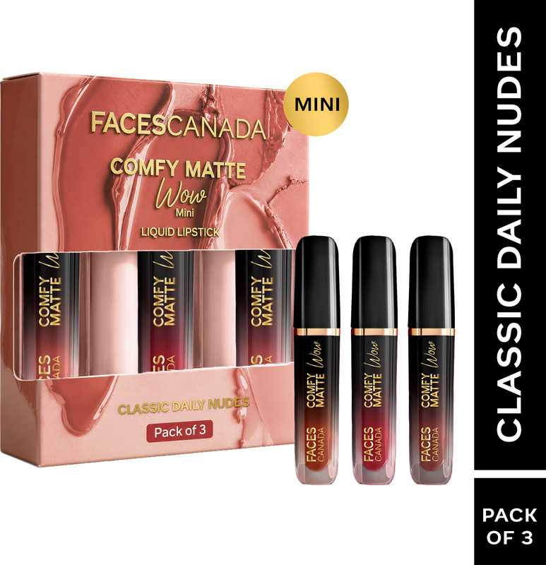 FACES CANADA Classic Daily Nudes Liquid Matte Lipstick Combo Set of 3 | Comfy Matte Wow Mini(Choco Couture + Cocoa Crush + Nude Nectar, 6 ml)