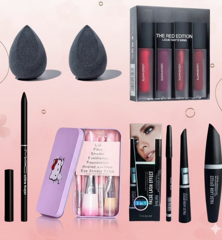 glamblush Red mini lipstick,2 loose puffs,ads black kajal,7 kitty brushes,mascara 3 in 1(RED SHADE, 10 ml)