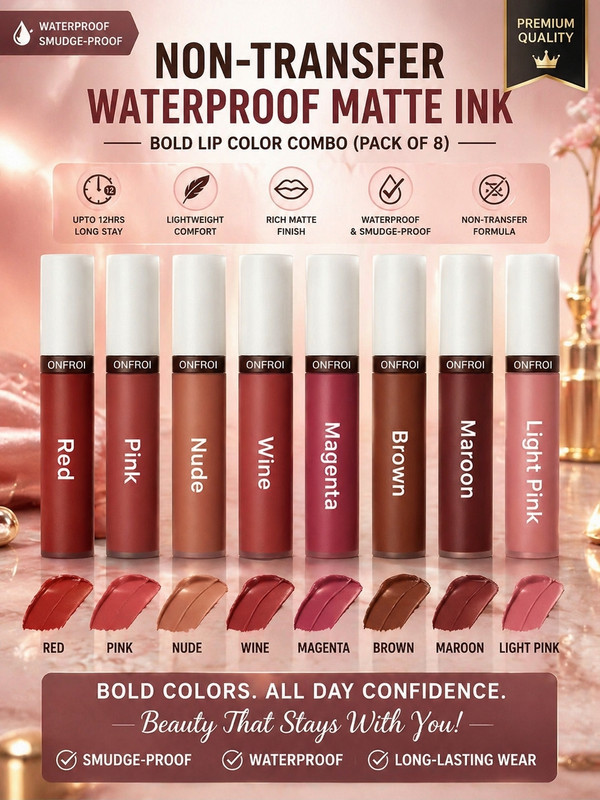 Onfroi Matte Ink Liquid Lipstick Set - Smudge-Proof & Waterproof (Pack of 8 Shades)(Red, Pink, Nude, Wine, Magenta, Brown, Maroon, Light Pink, 24 ml)