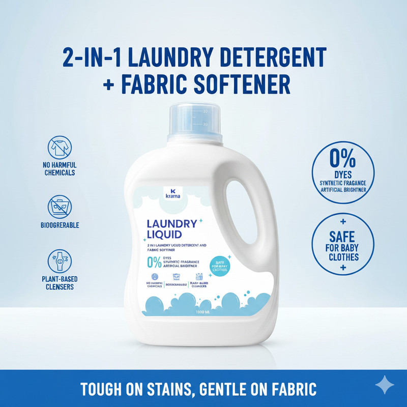 krama Plant Based Laundry Liquid Detergent + Fabric Softener Baby Clothes Safe Aqua Liquid Detergent(1800 ml)