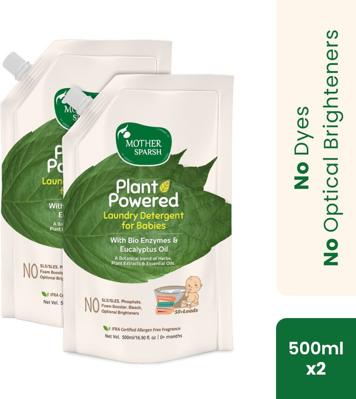 Mother Sparsh Baby Laundry Liquid Detergent Powered by Plants with Bio - Enzymes and Eucalyptus Oil, Refill Pack 1L Multi-Fragrance Liquid Detergent(2 x 500 ml)