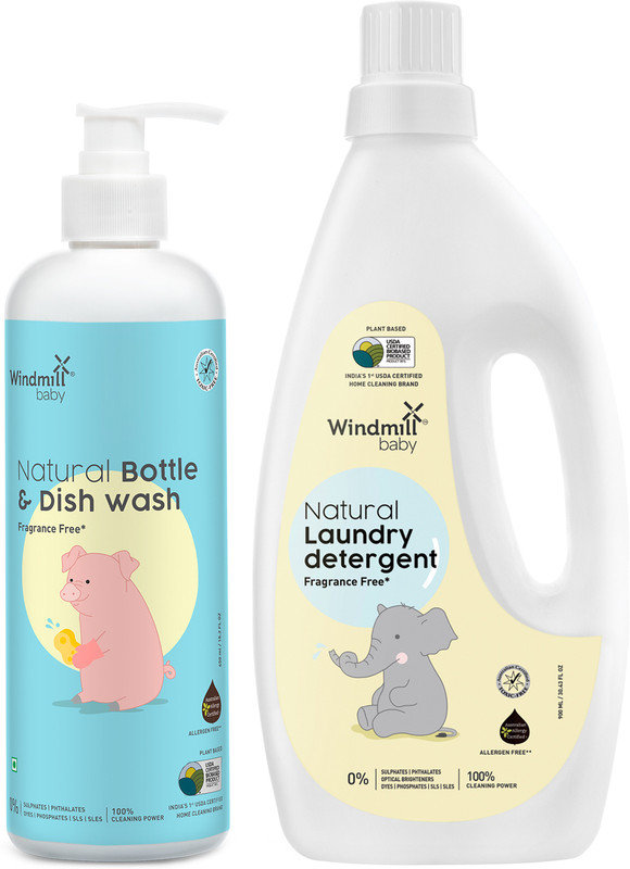 Windmill baby Combo Baby Bottle Liquid Cleaner 450ml + Fragrance Free Laundry Detergent 900ml Liquid Detergent(2 x 675 ml)