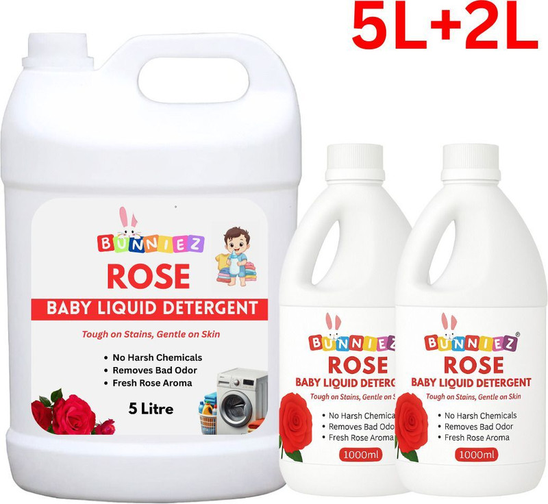 Bunniez Baby Laundry Liquid Detergent for Baby Clothes, pH Balanced & Gentle Daily Wash Rose Liquid Detergent(3 x 2333.33 ml)
