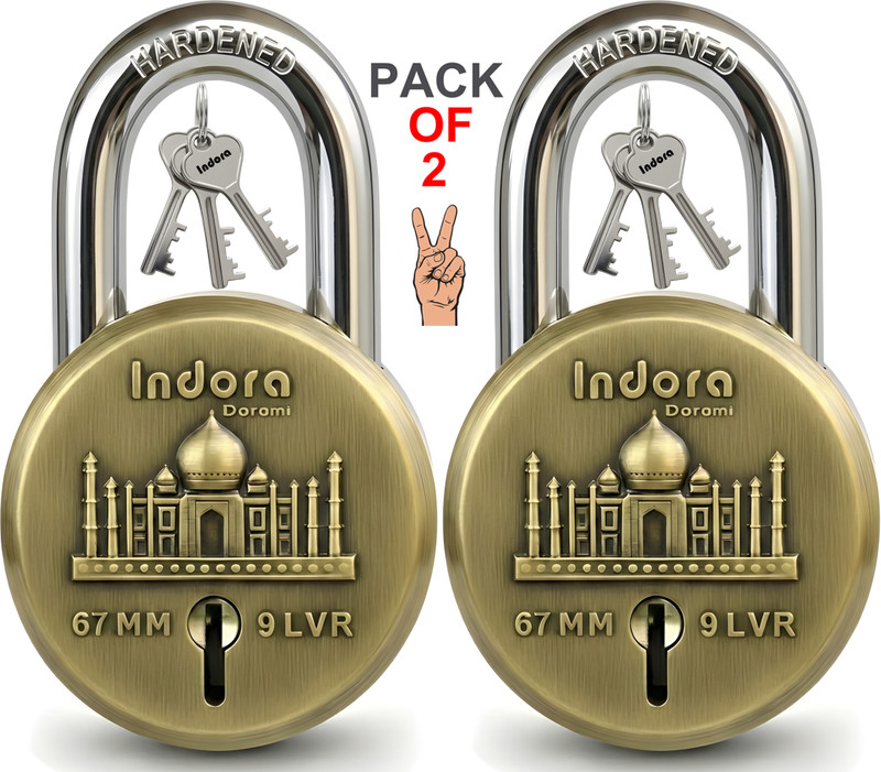 Indora Taj Round XL lock | Hardened Shackle | Dual Locking | 2.2 Tons (Pack of 2) Padlock(Gold)