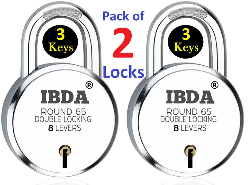 IBDA Round 65mm Lock | Double Locking | 8 Levers' Technology | Rivetless Steel Body Padlock(Silver)