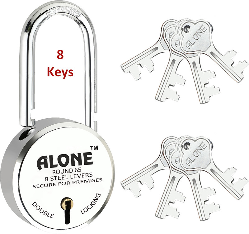 alone Round 65mm Long Shackle Padlock for Home Gate Shop & Shutter, D/L 12 Keys_NEW Padlock(Chrome)