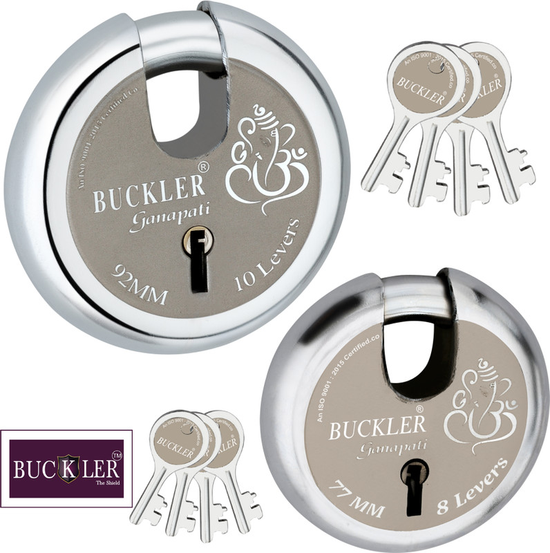 BUCKLER Iron-Steel 92MM,10 Lever-4 Key Shutter lock for Shop,Godown,Main Gate-Main Door2 Lock(Laser Print Design)
