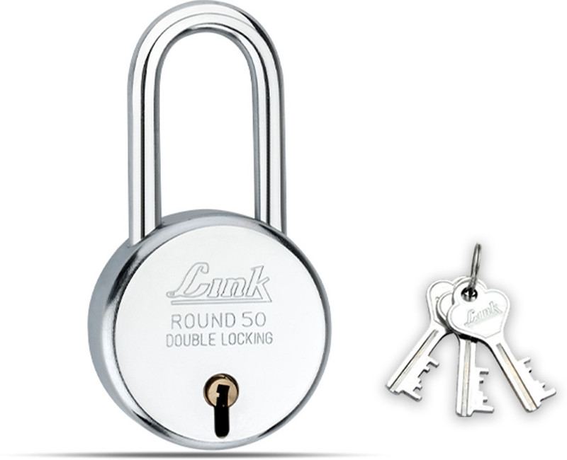 Link 50mm New Round Long Shackle | Steel Body | Brass Lever | Made In India Padlock(Silver)