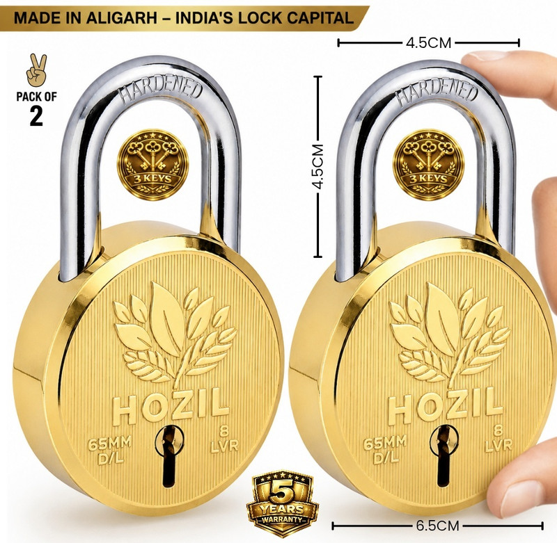 HOZIL 65MM Lock | Hardened Shackle | Double Locking | 8 Levers (Pack of 2) Padlock(Gold)