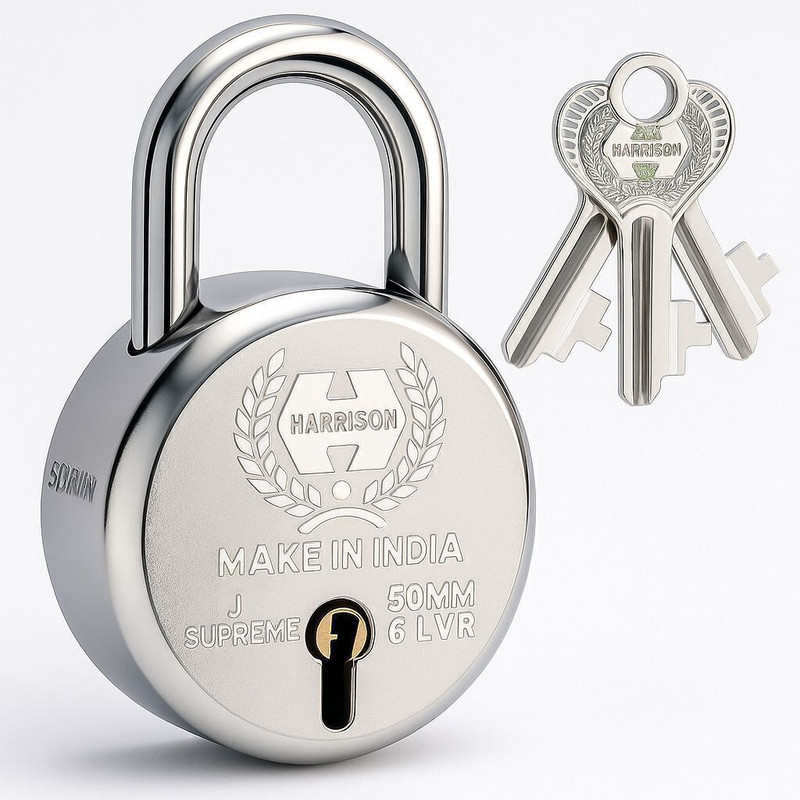 HARRISONLOCK Round Padlock 50mm 6 Lever With 3 Keys J-SUPREME-0656/ Mild Steel Material Padlock(Bright Chrome Polished)