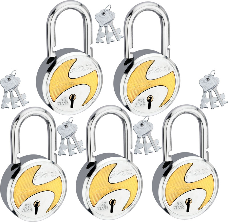 Azco Sports 52mm-7 Levers, Double Lock with Gold Chrome Finish (combo Offer) 5 Padlock(Silver)