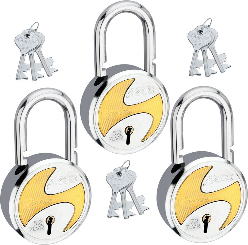 Azco Sports 52mm-7 Levers, Double Lock with Gold Chrome Finish (combo Offer) 3 Padlock(Silver)