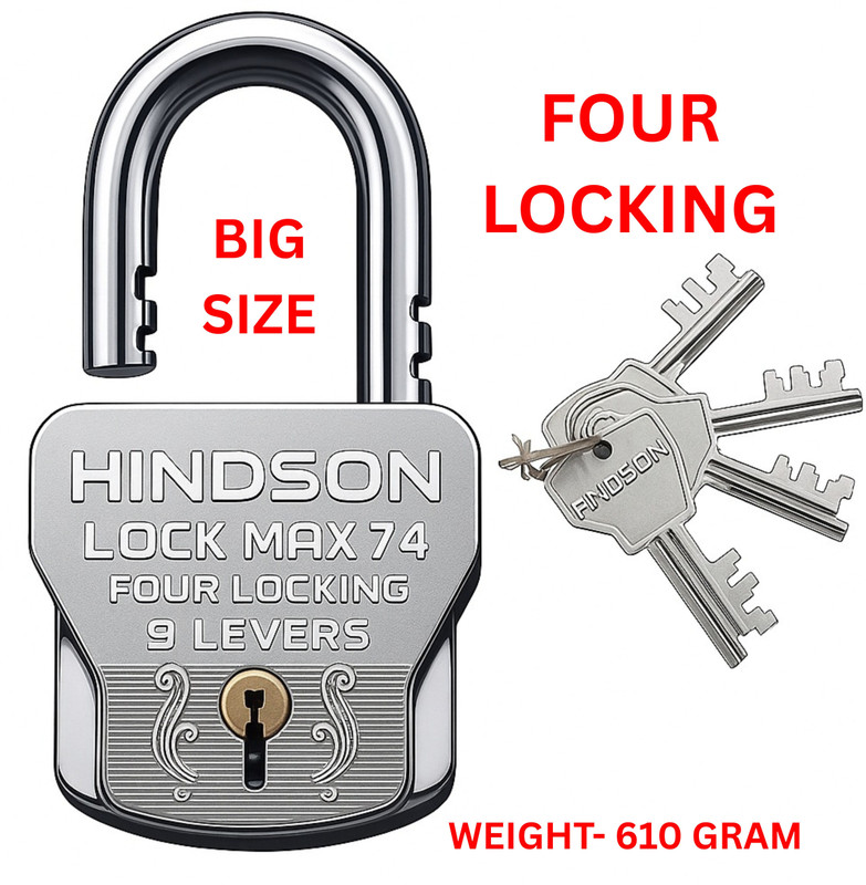 HINDSON 4 Locking 9 Lever 74mm Big Padlock with 4 Key Lock for Door Gate Home & Shutter Padlock(Silver)