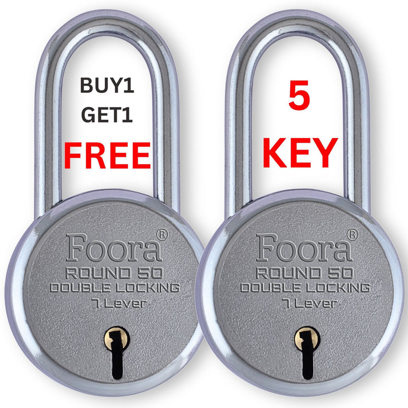 Foora Small Lock and keys Round 50mm Long Shackle 5 keys Pack of 2 padlock for home Padlock(Silver)