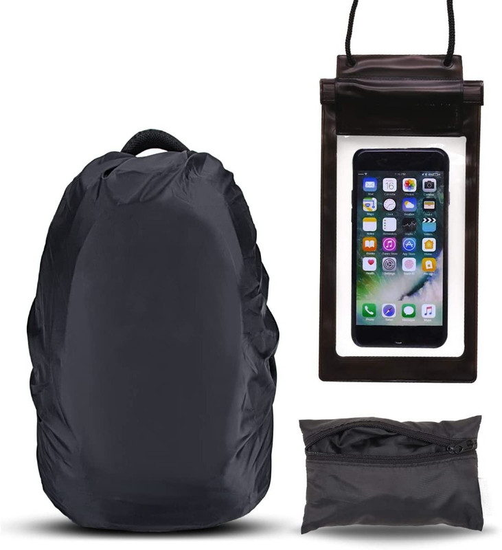 DHVAJA Combo_10 Polyester Waterproof Rain & Dust Bag Cover with Mobile Rain Cover-1 Luggage Cover(Standard, Black)