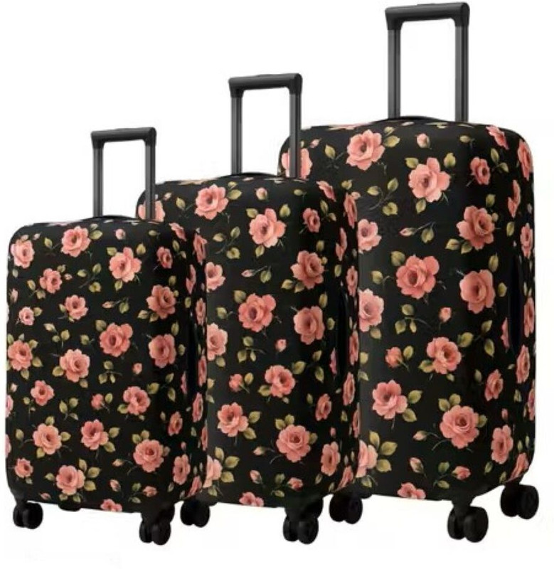 lisahub Polyester Fabric with Flower Print Luggage Cover for Small, Medium & Large Size Trolley Bag Cover Set of 3Stretchless, Waterproof and Luggage Cover(20+24+28, Black)