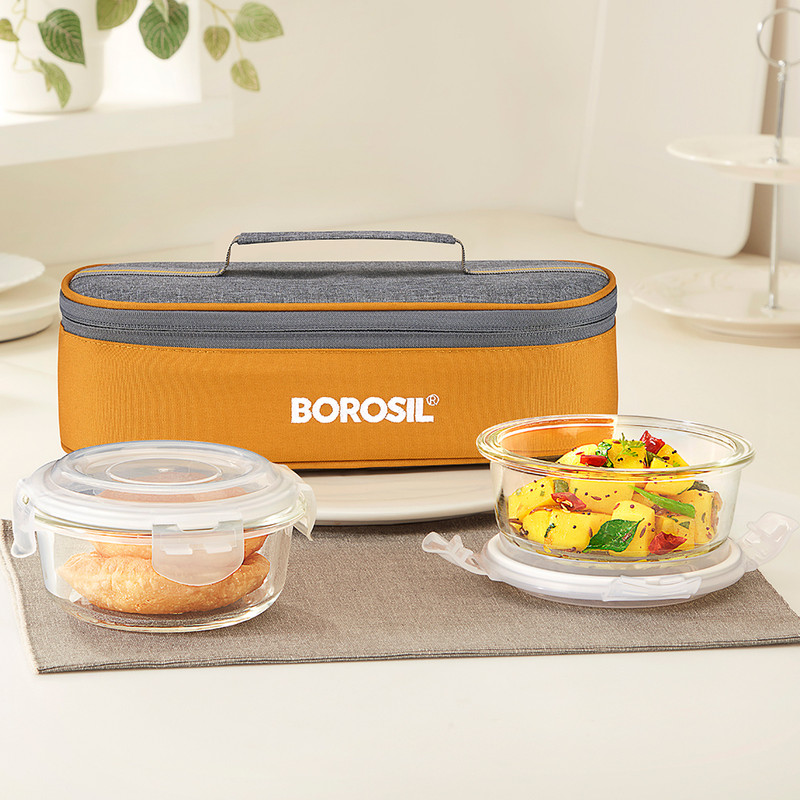 BOROSIL Glass Lunchbox, 2 pc Round Set (400ml Each), Horizontal Tiffin 2 Containers Glass Office Lunch Box(640 ml)