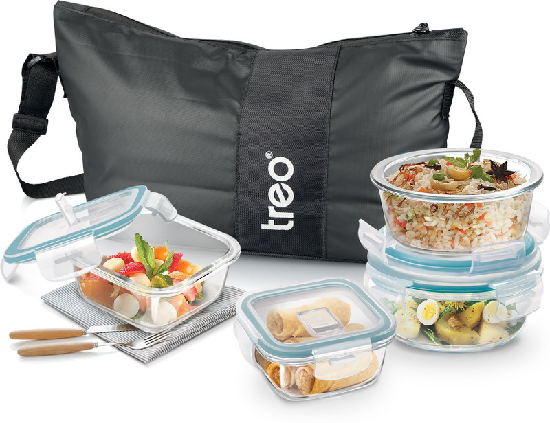 TREO All Weather Omni Glass Tiffin Set of 4, 2X320ml Square,2X400ml Round, Black 4 Containers Glass Office Lunch Box(1440 ml, Microwave Safe)