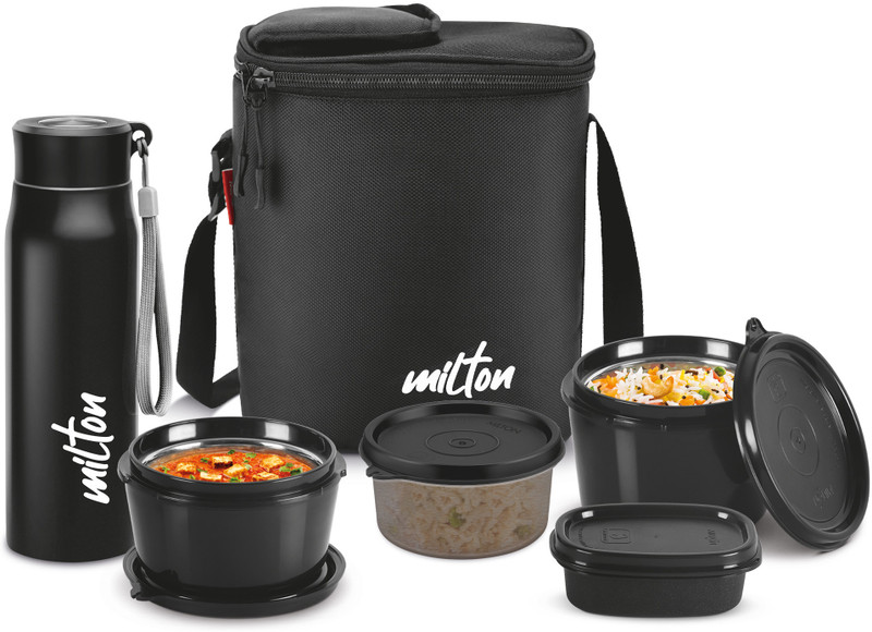 MILTON Max Meal 2Microwave Safe Inner Steel & 1 Plastic Containers, Bottle, 1 Small Box 4 Containers Stainless Steel Office Lunch Box(450 ml)