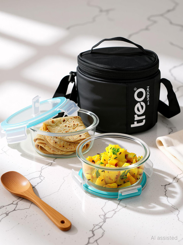 TREO All Weather Glass Round Tiffin Set of 8, Carry Jacket & Steel Bottle, Black 6 Containers Glass Office Lunch Box(400 ml, Microwave Safe)
