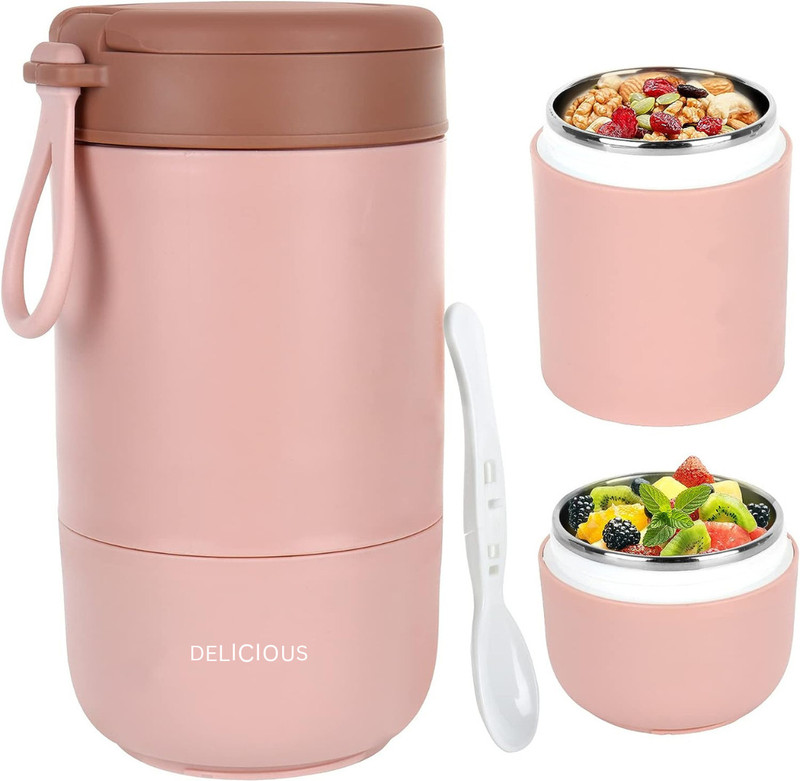 Bhaguji Insulated Food Container for Kids Adult Food Jar with Folding Spoon Leak Proof 2 Containers Stainless Steel Office Lunch Box(730 ml)