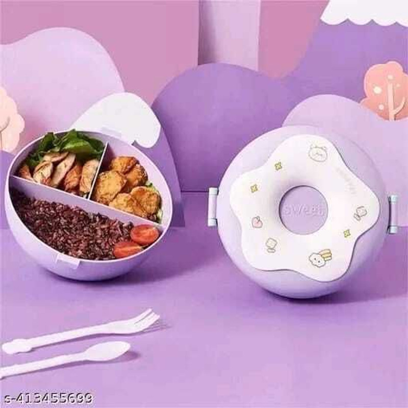 Pravi Donut Shape Kids Children's Lunch Box with Spoon and Fork Leak Proof Compartment 1 Containers Plastic School Lunch Box(800 ml)