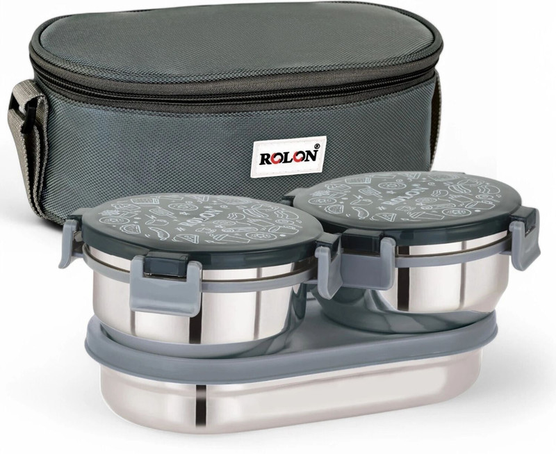 ROLON Lunch Lock Double Decker | Grey | 3 Airtight Containers | Insulated Lunch Bag 3 Containers Stainless Steel Office Lunch Box(1150 ml)