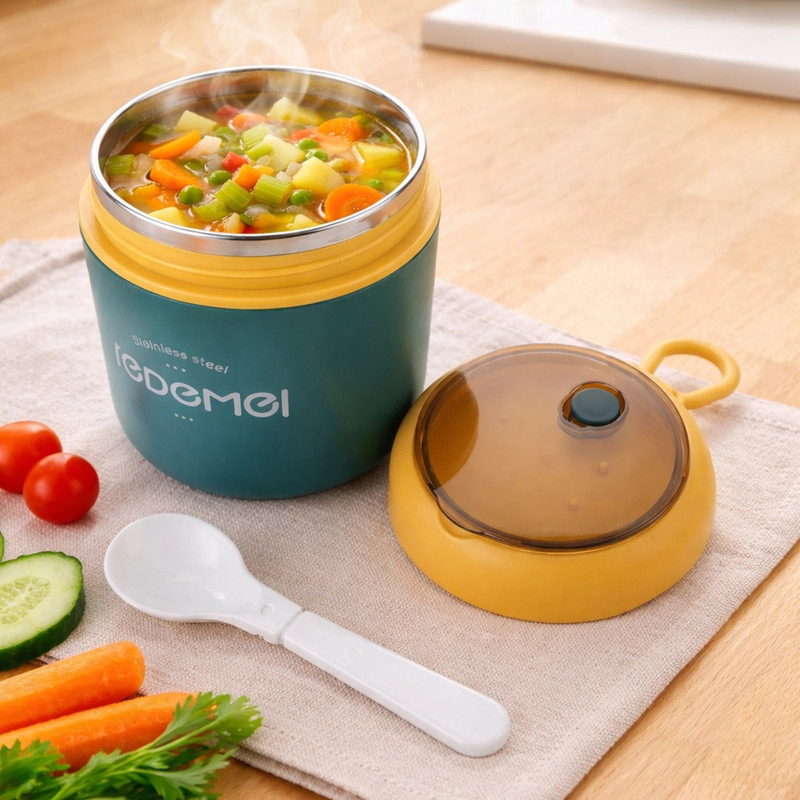 BLLUEX TEDEMEI Insulated Food Jar with Folding Spoon & Carry Handle, Leak-Proof Thermal 1 Containers Stainless Steel, Plastic Office Lunch Box(530 ml)
