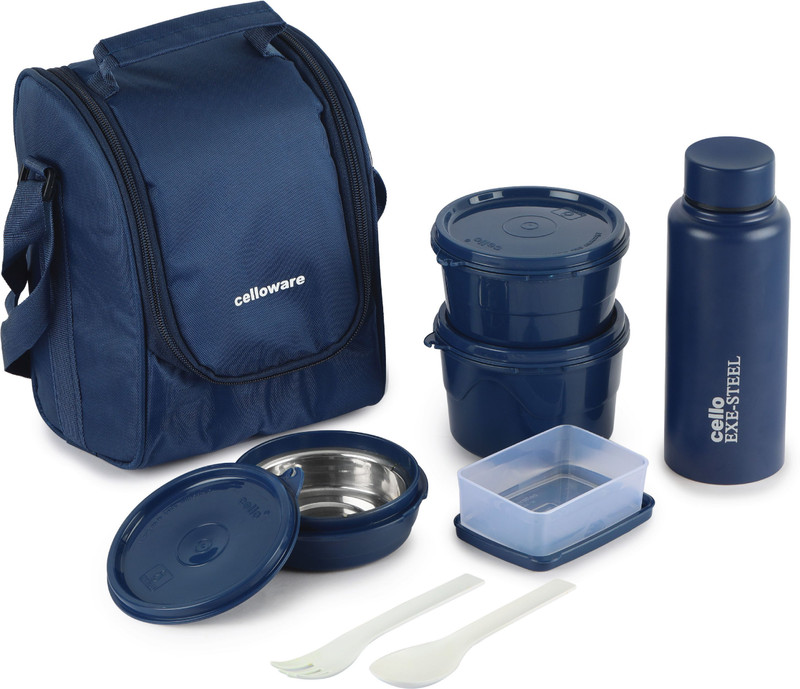 cello MF All in One Set with Fabric Bag | Microwave Safe |Easy to Carry| 1 Bottle with 4 Containers Stainless Steel, Plastic Office Lunch Box(1500 ml)