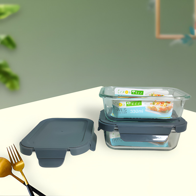 Lemon Tree Square Borosilicate Glass Bowl Lunch Box Tiffin Container with Air Tight Lid 2 Containers Glass Office Lunch Box(330 ml)