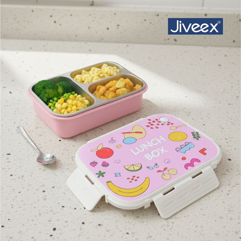 JIVEEX 3 Compartment Stainless Steel Lunch Box | Leak Proof with Spoon for Kids,Adults 3 Containers Stainless Steel School Lunch Box(650 ml, Microwave Safe)