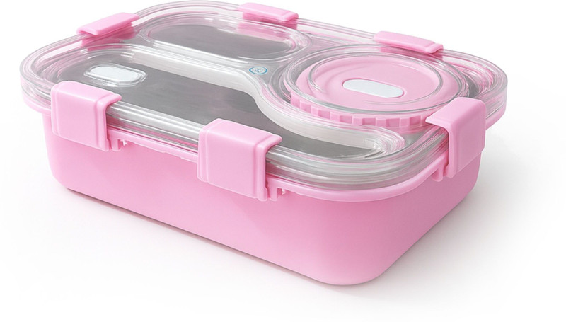 JIVEEX 3 Compartment Steel Lunch Box|LeakProof with Lid, Chopsticks, Bowl, Spoon & Fork 3 Containers Stainless Steel, Plastic Office Lunch Box(650 ml)