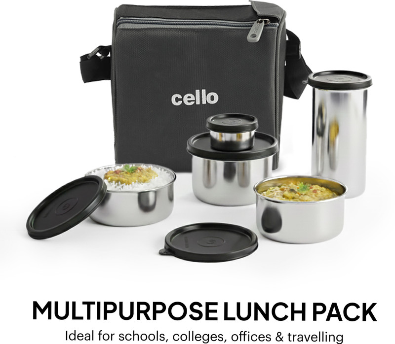 cello Steelox Set of 5 Pcs (50ml, 225ml, 375ml, 550ml) + 375ml Tumbler with Bag, Grey 5 Containers Stainless Steel Office Lunch Box(1575 ml)