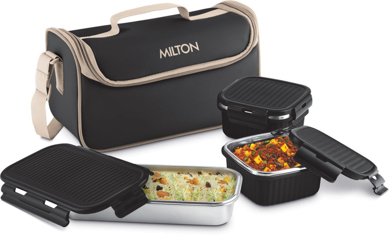 MILTON Lush Lunch Box Stainless Steel Containers Jacket for Office, School, Black 3 Containers Stainless Steel College Lunch Box(1200 ml)