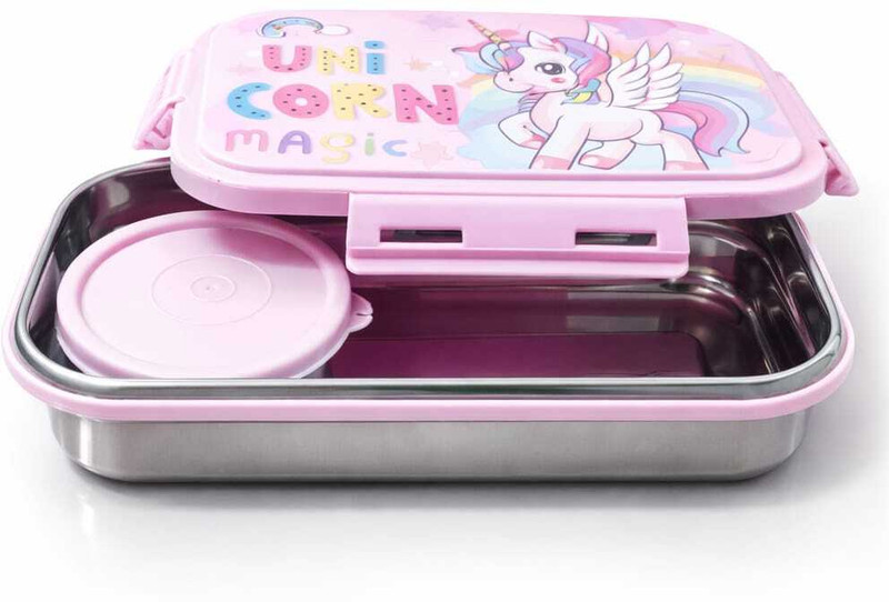 PBOXSTEEL Kids Rectangular Stainless Steel Lunch Box | Pink Unicorn Magic Design 1 Containers Stainless Steel School Lunch Box(600 ml)
