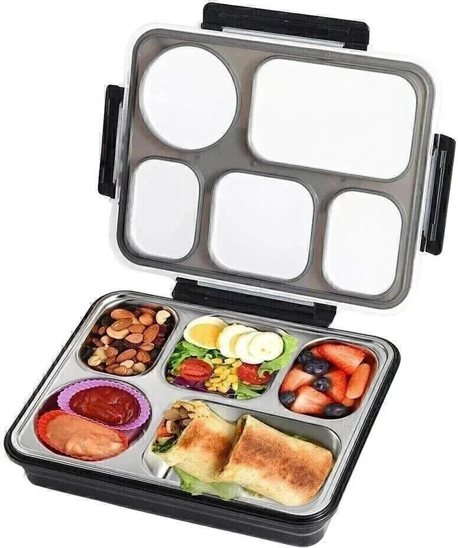 YUJASV Stainless Steel 5 Compartment Lunch Box Microwave Safe Tiffin Box for Adult Kids 5 Containers Plastic, Stainless Steel Office Lunch Box(1280 ml)