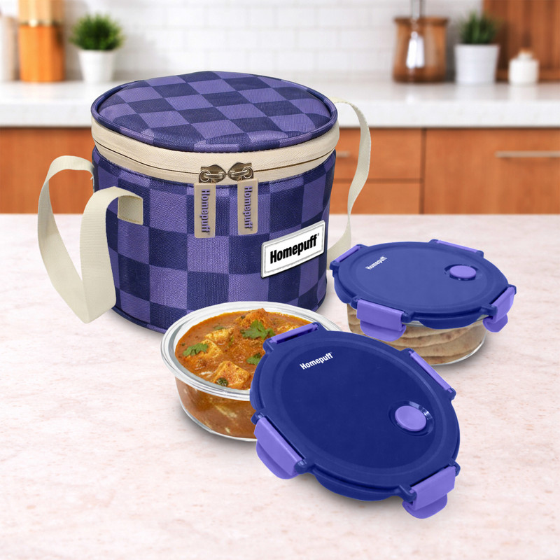 Home Puff Borosilicate Glass Lunch Box with Bag | Airtight & Leakproof Lid | 2 Containers Glass Office Lunch Box(840 ml)
