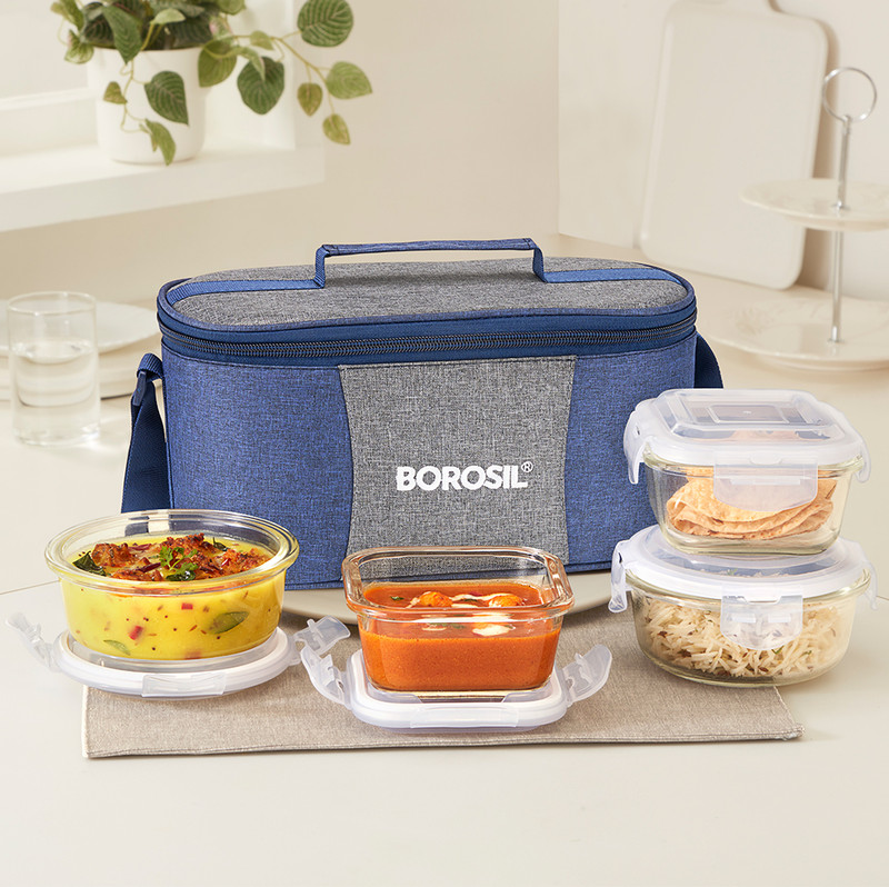 BOROSIL Alora Borosilicate Glass Lunchbox, 4 pc Set (320 ml x 2 + 400 ml x 2), Tiffin 4 Containers Glass Office Lunch Box(1440 ml)
