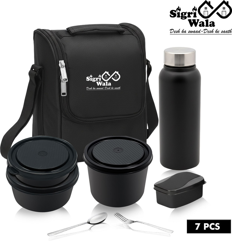 Sigri-wala Blue Lunch Box Microwave Safe Set of 7 with Bottle|Bag & Cutlery 7 Containers Stainless Steel Office Lunch Box(1250 ml)